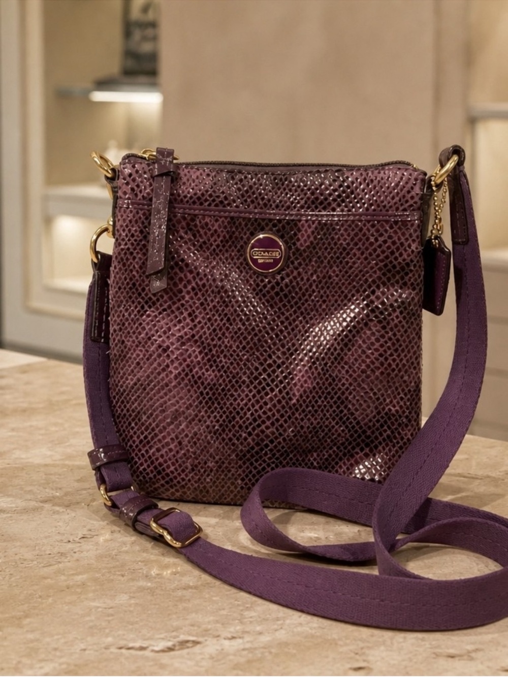 COACH Purple Snakeskin Embossed Leather Crossbody Bag EUC